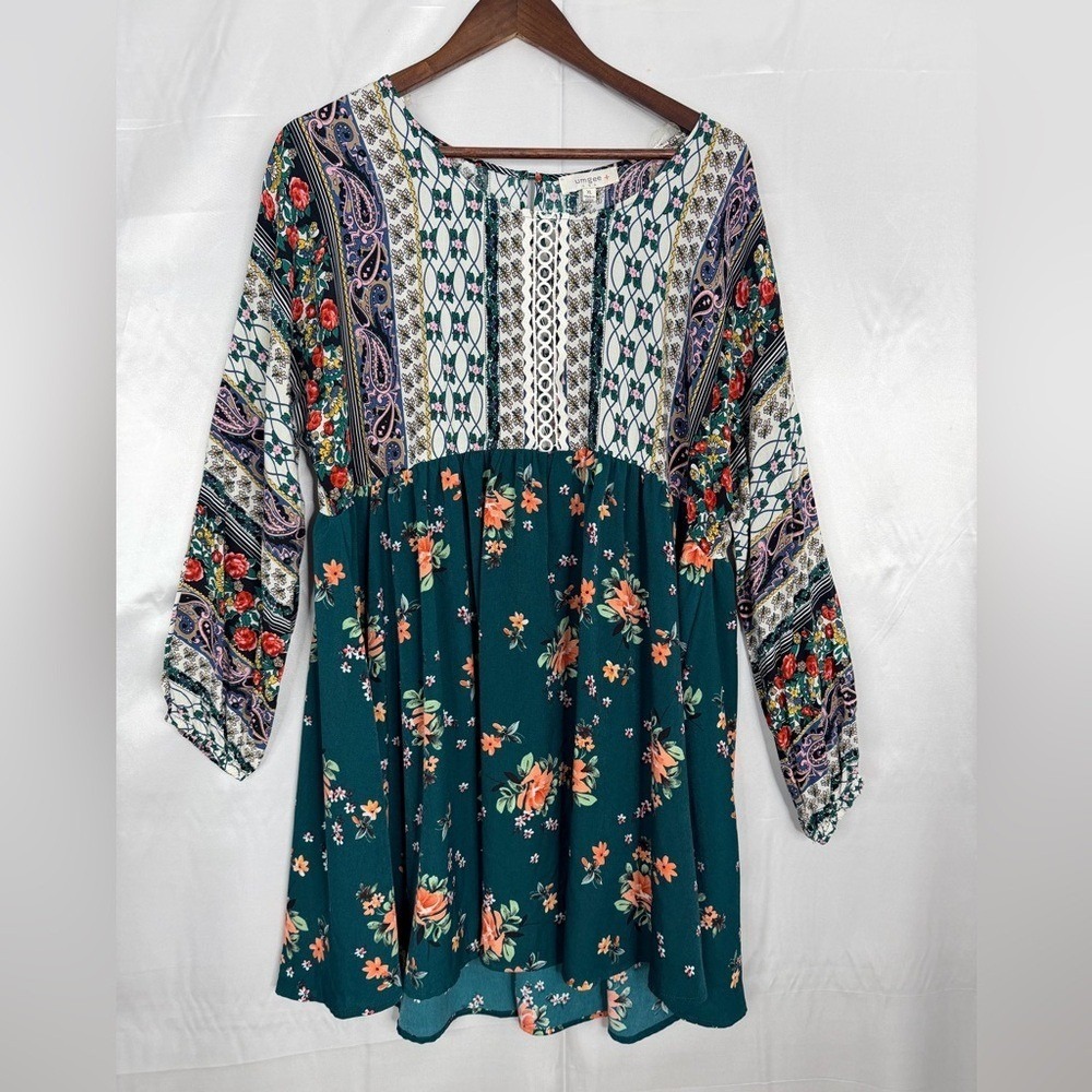 Umgee Boho Floral Babydoll Dress XL Bishop Sleeve Rayon Contrast